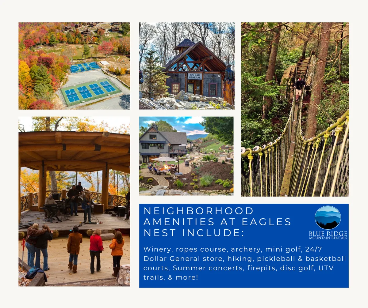 This vibrant image captures several of Eagles Nest’s signature community amenities: the ropes course, outdoor concert stage, and surrounding recreational spaces. Families and children are seen enjoying activities like hiking, mini golf, and gathering around a firepit as the sun sets, while the scenic mountain backdrop conveys the inviting and adventurous spirit of the community.
